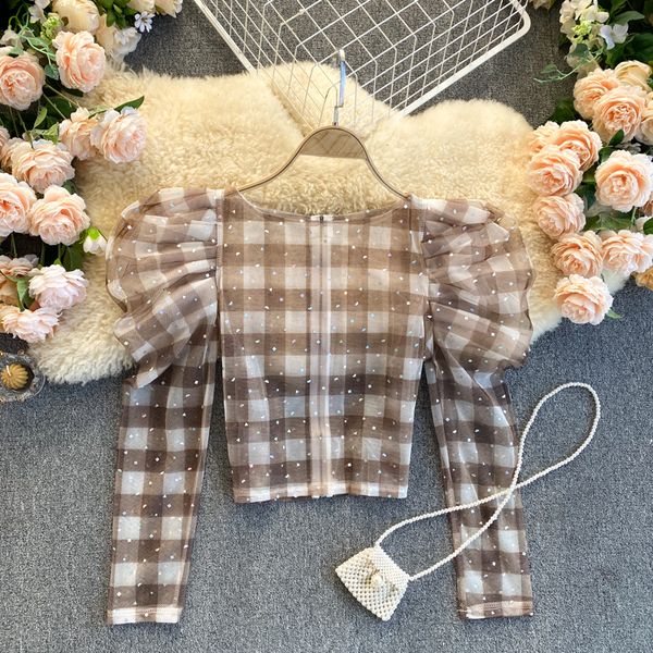 

2021 new singiny brilliant design mesh women's blouse puff neck thin autumn fashion streetwear plaid short lpmz, White