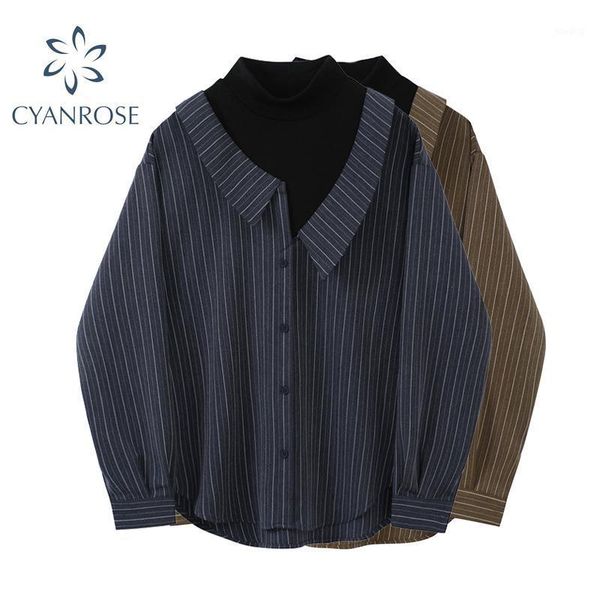 

women's blouse turtleneck autumn loose long sleeve design patchwork fake two piece office casual female striped shirt 1, White