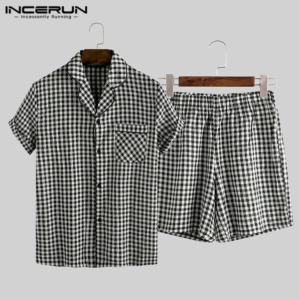 

summer pajamas sets men plaid lapel button short sleeve cotton sleepwear shorts soft homewear pyjamas sets incerun, Black;brown