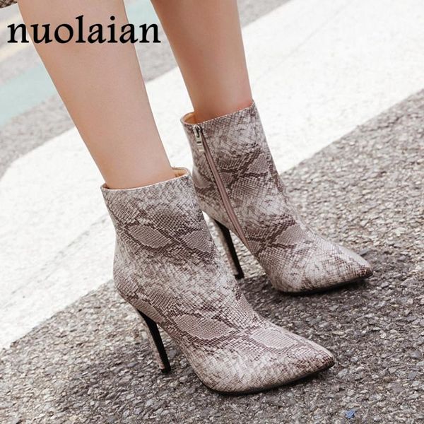 

10.5cm high heel winter shoes women snake leather ankle boots woman high heels motorcycle boots dress shoe womens snow boot, Black