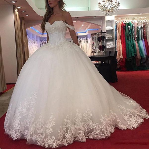 

off shoulder lace ball gown wedding dresses 2021 with beaded appliques cap sleeves sweep train plus size bridal gowns, White