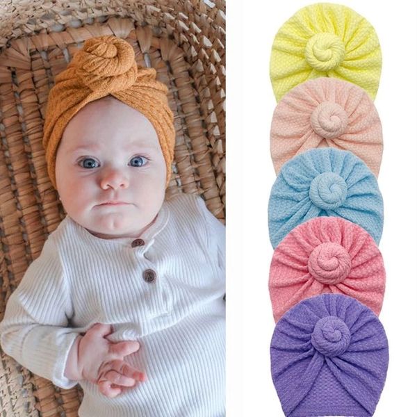Yeni Bebek Erkek Kız Saç Yaylar Şapka Pamuk Yumuşak Türban Düğüm Kasketleri Şapka Toddler Çocuk Yenidoğan Waffle Yay Headwrap için Kapaklar