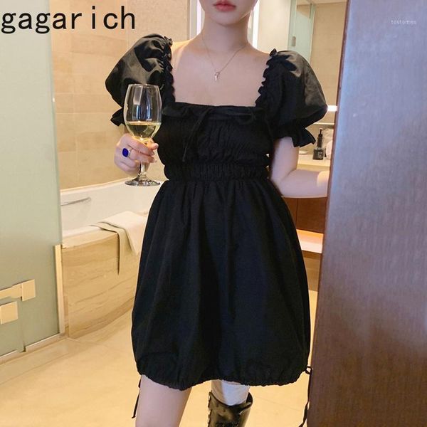 

gagarich women black dress korean chic square collar wooden ear drawstring lace-up high waist puff short sleeve vestido1, Black;gray