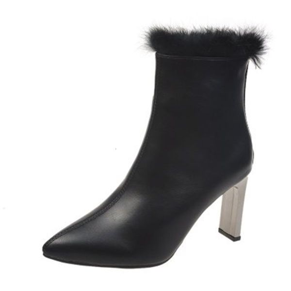 

winter 2021 new of women shoes woman high heels pointed to leather back zip short skin boots 3yj3, Black