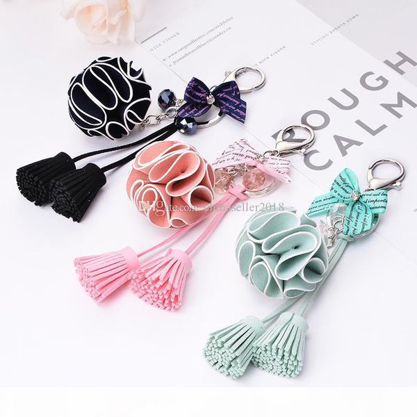 

crystal bow tie forever flower keychain bag pendant leather tassel keyrings women bag key chain gift, Slivery;golden