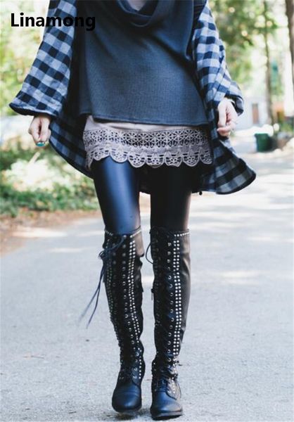 

boots fashion cross-tied long pu leather pure black with rivet decoration knee-high square heel flat