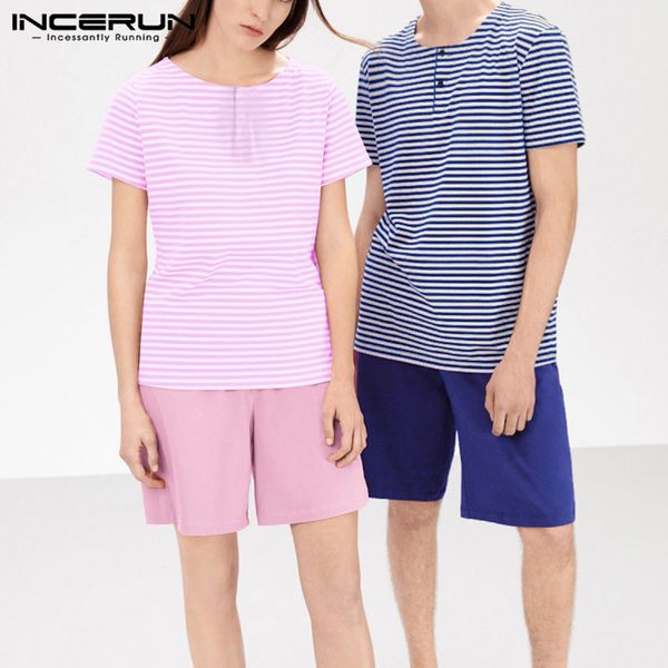 

incerun 2020 couple pajamas sets short sleeve striped loose homewear solid shorts nightgown women men sleepwear sets s-5xl, Black;brown