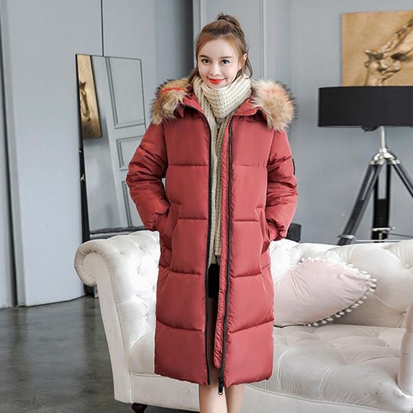 

women thick x-long jacket hooded winter parka korean style plus size -7xl fur collar solid warm female coats cazadora mujer, Black