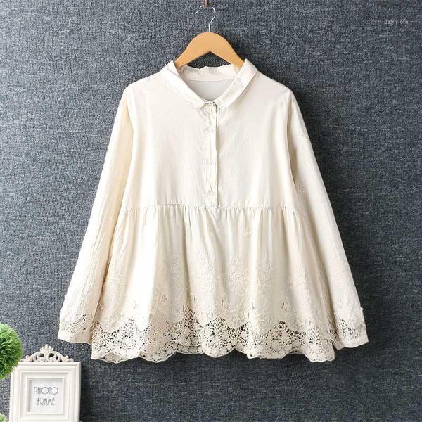 

2020 spring women sweet shirt hollowed-out mori girl embroidery long-sleeve loose cotton linen female casual harajuku shirt1, White