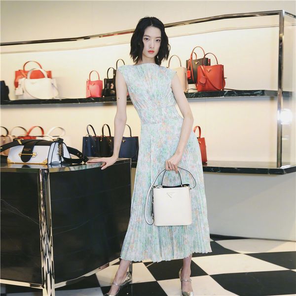 

high street women in chiffon maxi longo green printed flowers fresco 2021 summer lady party elegant dresses plissado tank dressed dd7w, Black;gray