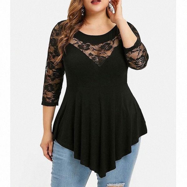 

women's plus size blouse tunic solid colored see through lace patchwork round neck basic casual e7bg#, Black