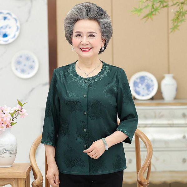 

women's blouses & shirts silk shirt three quarter sleeve grandma clothing summer middle age mother blouse women embroidery1, White