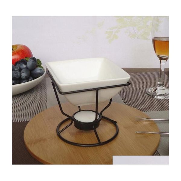 

ceramic chocolate melting oven white porcelain cheese chocolate fondue set with black iron tealight burner and fork jlldxb jjxh