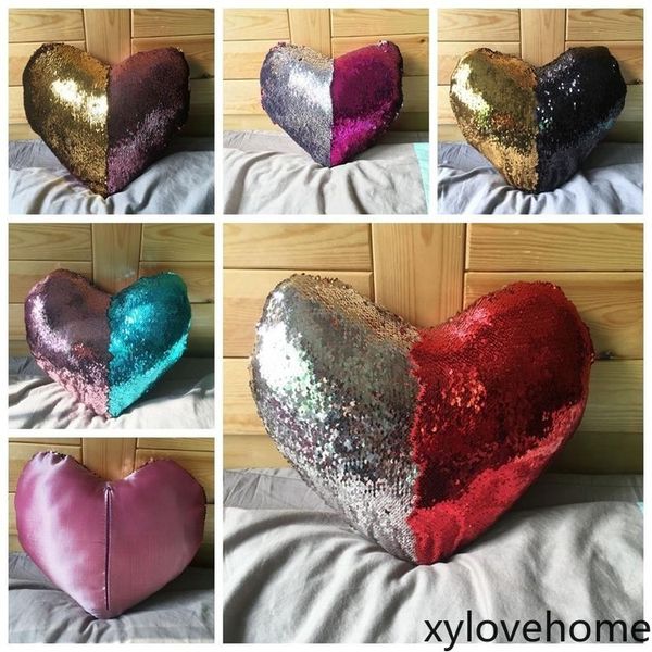 

wholesale heart shaped sequin cushion cover mermaid sequin pillow case pillow covers home decorative pillowcase 35*40cm shiny sofa cushion
