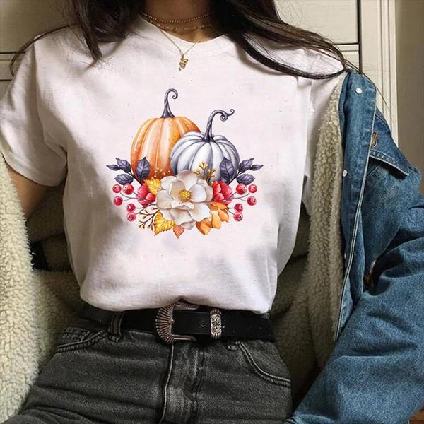 

women print graphic pumpkin floral flower watercolor thanksgiving autumn halloween lady shirt womens tees female t shirt, White