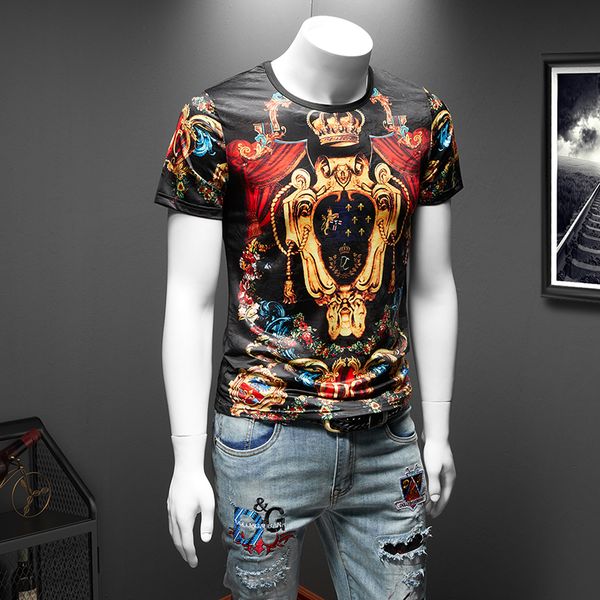 

2020 summer personality trend self-cultivation heavy craft digital direct injection printing badge diamond short sleeve t-shirt men, White;black