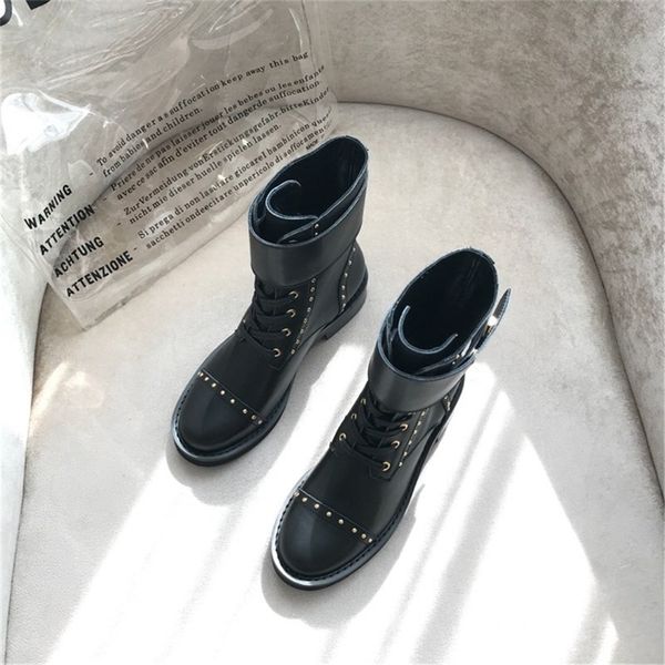

suede leather women lace up ankle boots low heels thick heel buckle short boot ladies casual shoes metal decoration size 35-41 201114, Black