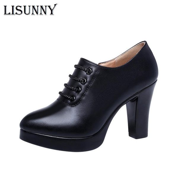 

lisunny new office ladies shoes women pumps high heels deep mouth block lace up platform heels fashion leather shoe black