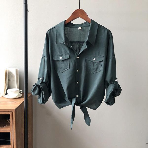 

women's blouses & shirts lyocell blouse women shirt ladies bow tie hem chic solid white green long sleeve korean boyfriends chemisier