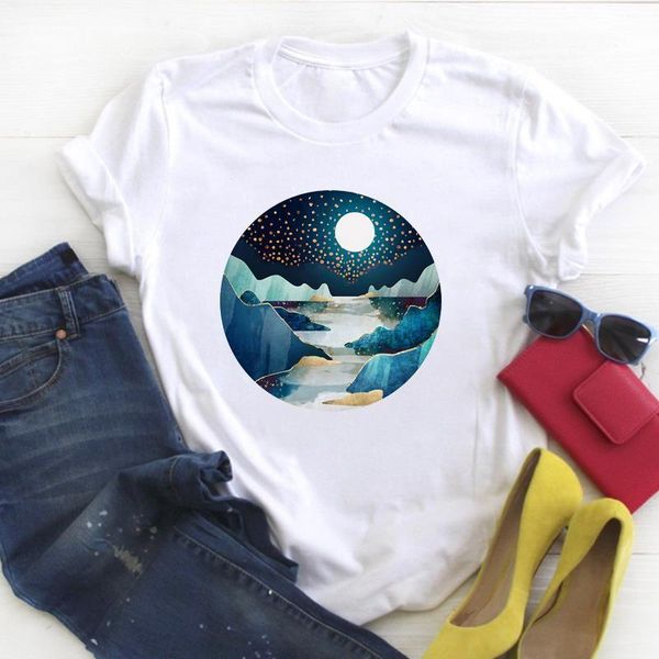 

women cartoon moon star night print cute fashion summer t tee ladies female shirt clothes tshirt womens graphic t-shirt, White