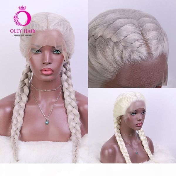 

oley new coming platinum blonde wig glueless synthetic lace front wig heat resistant gray cosplay box braid wigs for black women