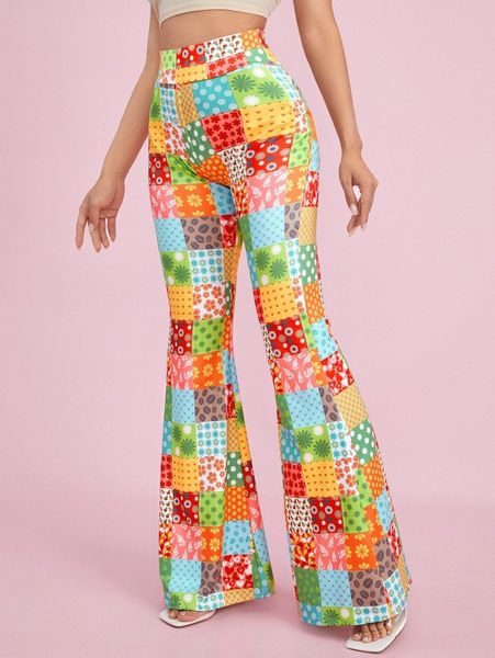 

patchwork print flare leg pants d5zf#, Black;white