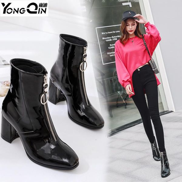 

winter casual women pumps zipper ankle boots waterproof high heels shoes, Black