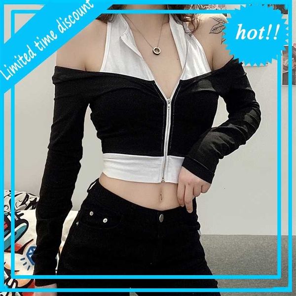 

2021 wind autumn winter new women's wear color contrast slim zipper fake two long sleeve open navel t-shirt for women, White