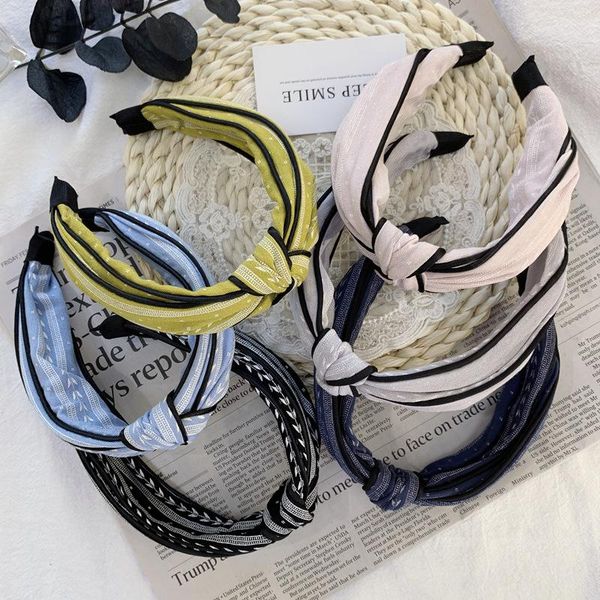 

hair accessories korean cloth leaf striped headband female hole retro style ornaments knotted wide side non-slip