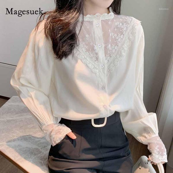 

loose korean solid autumn long sleeve apricot office cardigan chiffon blouse women chic woman shirts 2021 lace shirt 109001, White
