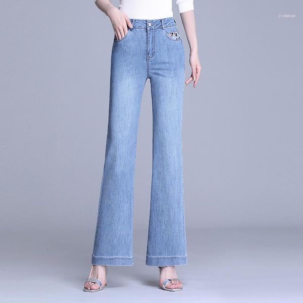 

women's designger boot cut jeans 2020 retro high waist cotton light blue denim pants long stretch flared jeans11