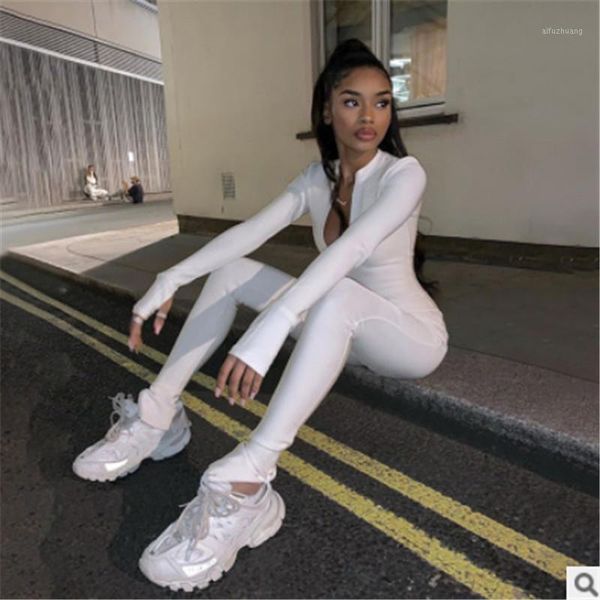 

2020 women sports tracksuit bodycon jumpsuits long sleeve zippers casual sports rumper ladies high street pure jumpsuit new1, Black;white
