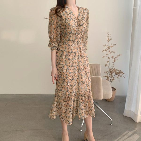 

summer vintage flower print women dress long sleeve v neck vestidos mujer korean high waist slim female long dress robe femme1, Black;gray