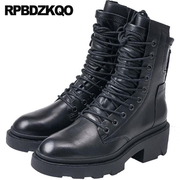 

ботинки платформы осень осень дизайнер женской обуви класса люкс 2020 круглый блок ног коренастый реальная кожа flatform британский кекс чер, Black