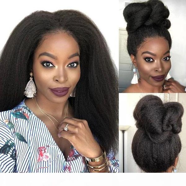 

монгольский kinky прямой парик 13x4 фронта шнурка человеческих волос парики pre сорванные с ребенком волос 150% remy yaki прямой парик шнурк, Black;brown