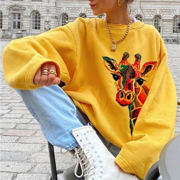 

2020 autumn and winter new sweatshirts loose fawn print long sleeve plush hoodies for girls women harajuku aesthetic cute hoodie, Black