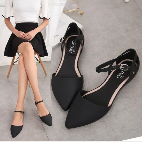 

summer korean style fashion breathable pointed toe women beach sandals buckle flat heels cover heel lady jelly shoes 20190518, Black