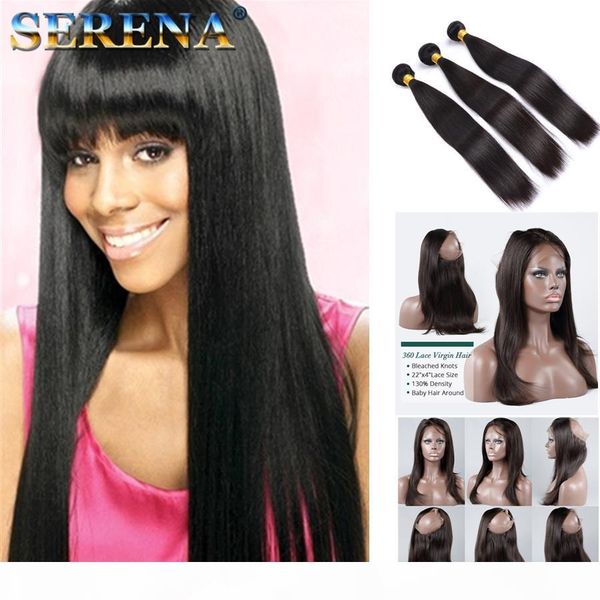 

peruvian virgin hair bundles straight hairs 360 lace frontal with bundles 3pcs 100% unprocessed human hair bundles human hair with frontal, Black;brown