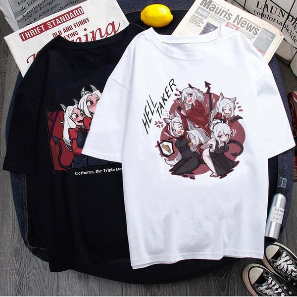 

harajuku t-shirt helltaker printed short-sleeved lucifer belzebu t-shirt casual ladies short-sleeved cotton t-shirt, White