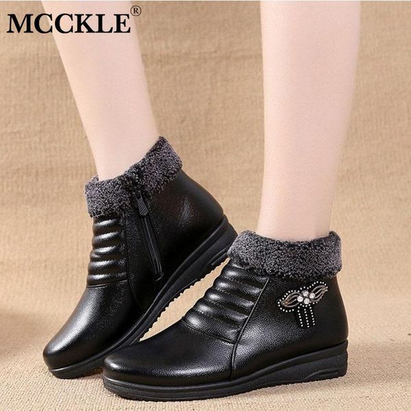 

women snow boots ladies ankle boots warm plush zipper soft pu leather platform female flats waterproof female non slip winter, Black