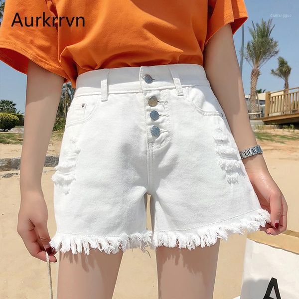 

aurkrrvn ripped high waist white denim shorts women summer street pocket tassel buttons wide leg woman jean shorts casual1, Blue