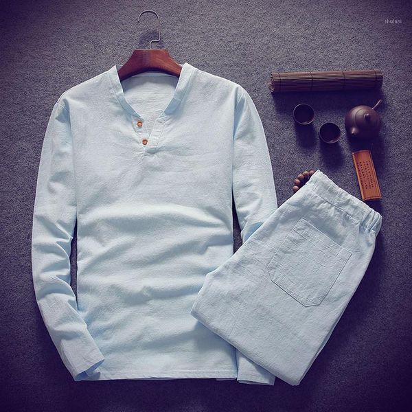 

shirt + trousers) 2019 spring men shirt man cotton and linen shirts men's of casual fashion shirts men size -5xl1, White;black