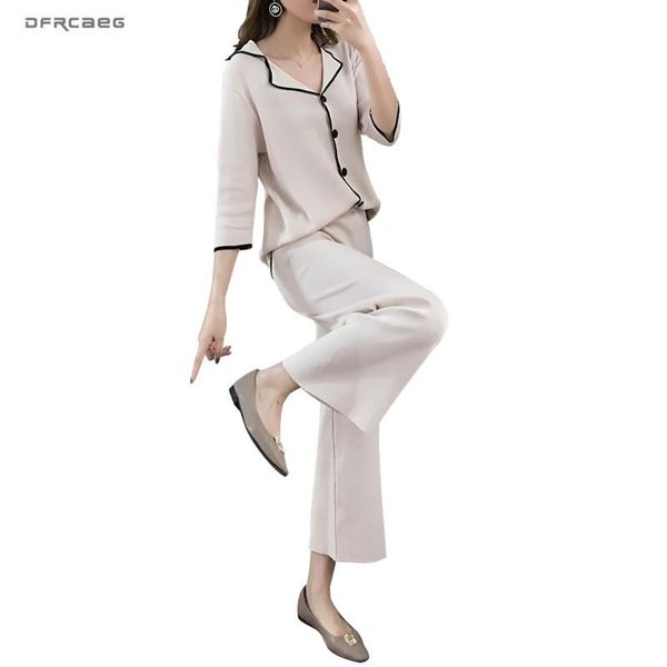 

patchwork knitted 2 piece wide leg pants sets women 2021 summer loose short sleeve streetwear knit + pants two piece outfits, White