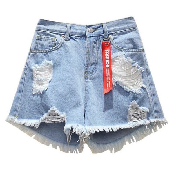 

women's summer short jeans solid color high waist slim casual wide leg loose hole denim shorts, White;black