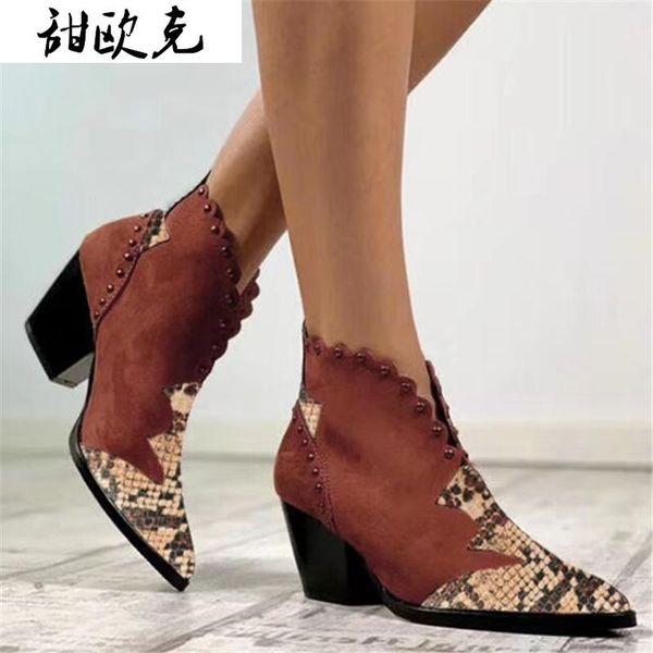 

2020 autumn women ankle boots fashion pointed toe snakeskin boots lace-up rivet short for women warm zapatos de mujer, Black