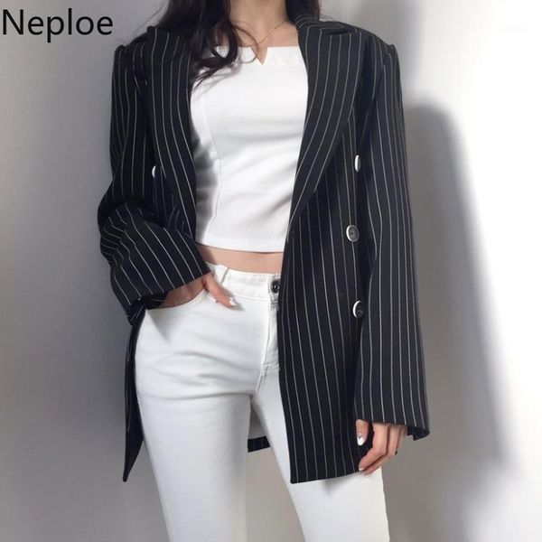 

neploe striped blazer women spring 2020 korean single brested long sleeve female casual pocket office lady coats 1a7181, White;black