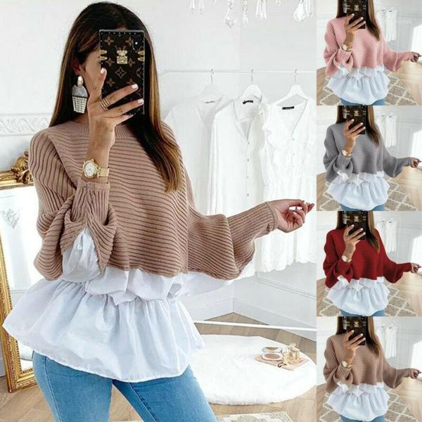 

casual women sweater blouse pink red khaki patchwork o-neck long sleeved knitted sweater for women soft pullovers shirt, White