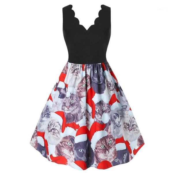 

hillsionly plus size winter christmas dress women plus size v-neck christmas scalloped cat print swing vintage party dress1, Black;gray