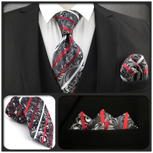 

c26 multicolor striped ties for men necktie silk pocket square set, Black;gray