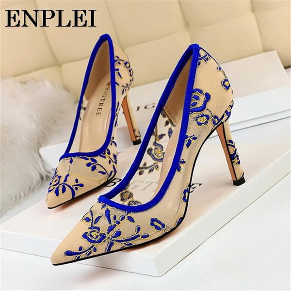 

evening shoes pumps mesh lace shoes style fashion fine high heels shallow mouth pointed flower wedding party banquet size 34-40, Black